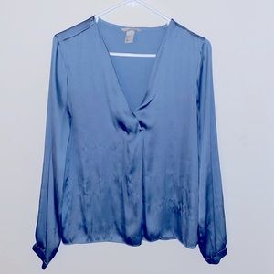 Blue Satin, v neck, office top